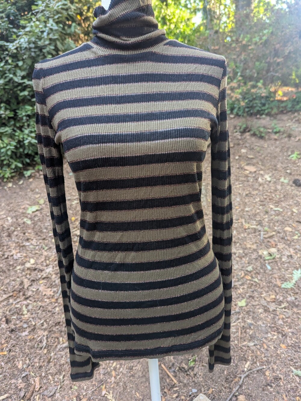 AllSaints Esme Shimmer Stripe Roll Neck Top Olive Black Metallic Lurex Small S